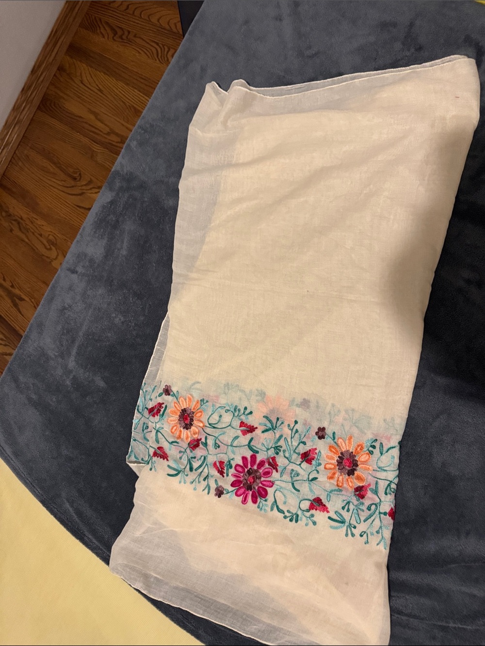 Vintage Embroidered Floral Sheer Scarf - White with Multicolor Floral Border